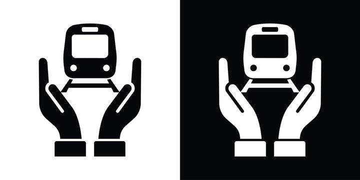 Two hands protecting a train engine icon. Perfect for public transportation safety, transit insurance, railway cargo logistics, and sustainable travel protection vector graphics.