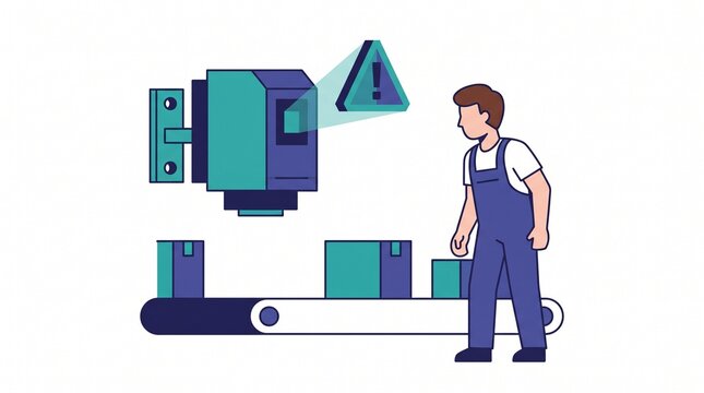Flat vector illustration of a factory worker monitoring an automated machine vision quality control system with a warning sign on a conveyor belt