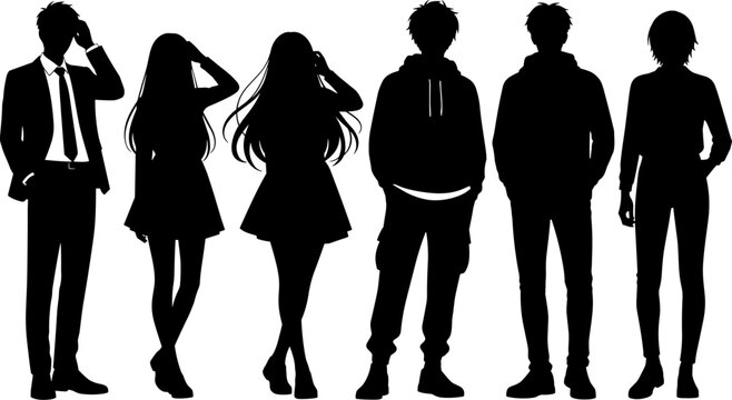 Group of diverse people standing silhouettes in various fashion styles including formal suit and casual wear, isolated on white background.
