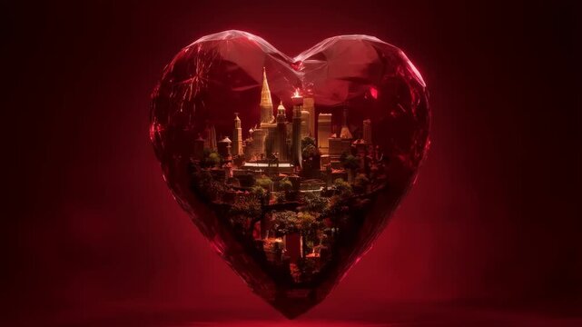 Heart floating with warm cityscape inside, glowing ruby glass look, cinematic fantasy scene for romantic backgrounds