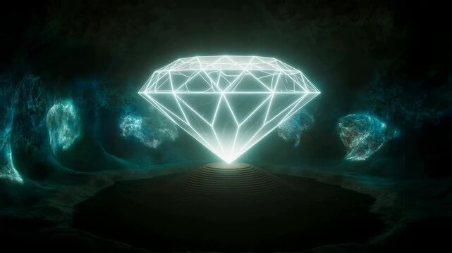 Diamond giant floating with glowing neon lines and facets shining brightly in dark background featuring luxury, gemstone, jewelry with precious stone