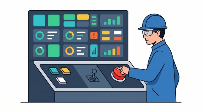 Flat vector line art illustration of an industrial operator pushing a red button on a control panel representing SCADA system monitoring and automation