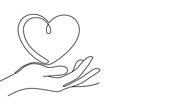 Animation of line drawing of heart intertwined with a hand symbolizing compassion and humanitarian care.