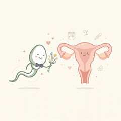 Fototapeta premium Cute minimalist illustration of a charming sperm cell with a bow tie giving flowers to a happy uterus, flirting and seduction concept for pregnancy planning and human reproduction