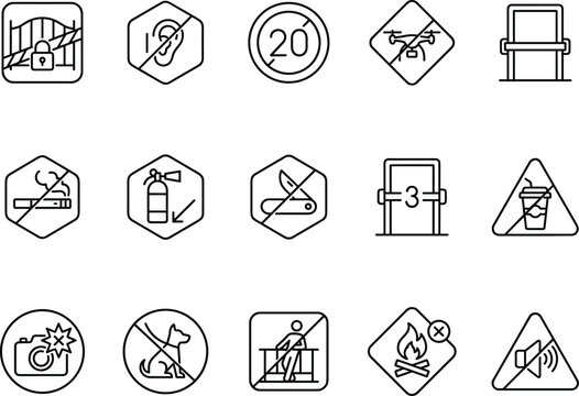 Minimalist Line Icons Set Showing Safety Warning Prohibited Actions and Emergency Symbols in Monochrome universal-design accessibility-symbols modern-iconography flat-design corporate-communication