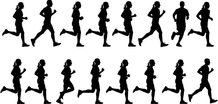 Black, silhouettes, of, men, and, women, running, jogging, fitness, training, exercise, set, collection, athletes, marathon, cardio, motion, healthy, lifestyle, isolated
