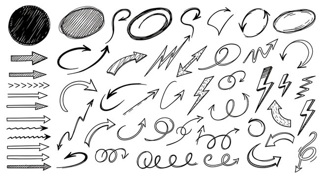 Mega set of hand drawn arrow sketches including pointers directional symbols swirls circles and lightning bolts in black charcoal or pencil style for business presentations with direction, collection
