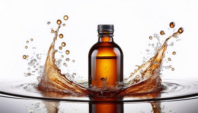 amber glass bottle tilting sprays liquid bubbles and splash around the container isolated white background