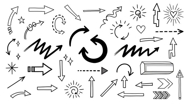 Collection of hand-drawn doodle arrows and signs on white background with sketches direction pointers collection elements pointing navigation illustration