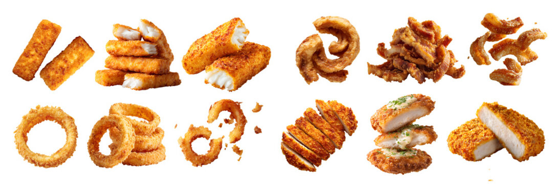Set of 4 golden fried food, chicken meat cutlet tonkatsu katsu, pork lards crackling scratching rind, onion rings calamari squid, fish fingers sticks, broken pile, transparent cutout PNG
