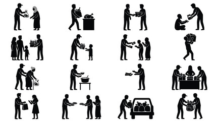 Obraz premium Set of icons illustrating charity and donation acts by community members helping others.