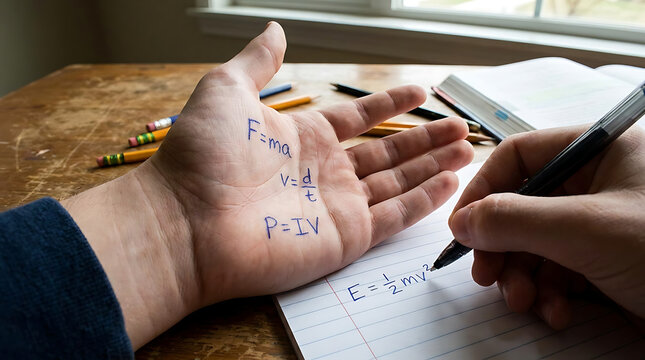 Academic dishonesty revealed A student's hand with hidden physics formulas for an exam