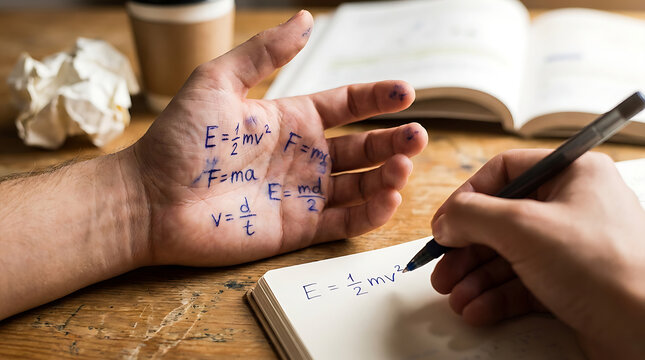 Under immense academic pressure, a student resorts to hidden hand notes during a difficult exam