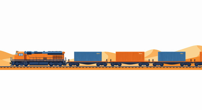 Cargo Freight Train with Locomotive and Shipping Containers in Desert Landscape, Flat Vector Illustration