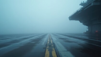 Fototapeta premium Aircraft carrier deck shrouded in fog. Wet tarmac runway stretches to horizon. Hangar structure looms ominously. Naval base in misty morning.