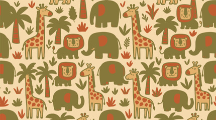Seamless Pattern with Cartoon African Jungle Animals Including Giraffes Elephants and Lions © Robich Art