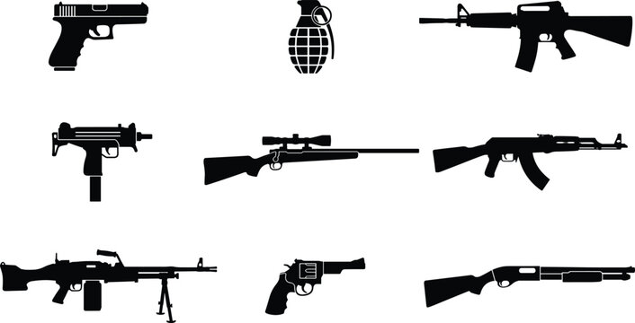 Collection of black weapon silhouettes including pistol, rifle, shotgun, grenade, and machine gun for military design use