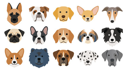 Obraz premium Cute Dog Faces Collection, Flat Vector Puppy Breeds Avatars, Pet Animal Icons Set
