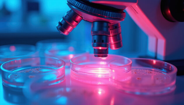 Microscope lens over petri dishes in bright red and blue neon lab light. Scientific research, cells, biology, and genetics study in modern sterile laboratory.