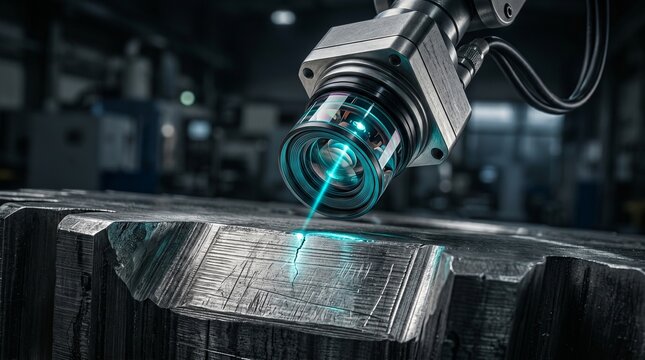 Photorealistic 3D render of an industrial machine vision camera using a blue laser to scan a machined metal part for automated quality control