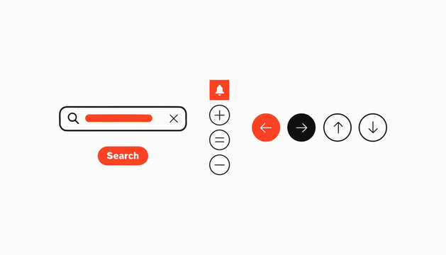Search bar icons, web browser buttons, magnifying glass, navigation symbols, colorful flat design elements