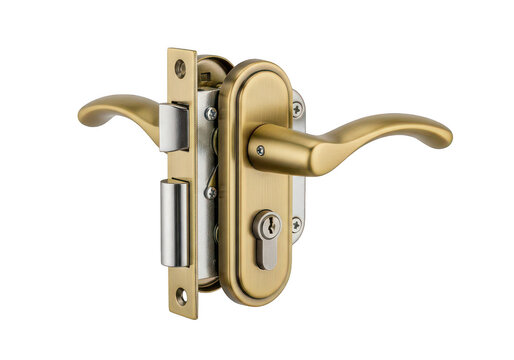 Brass door handle with mortise lock mechanism isolated on a transparent background