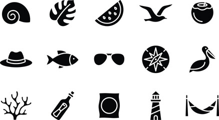 Minimalist Black and White Icon Set Showcasing Travel and Lifestyle Symbols with Bold Silhouettes minimalist design travel inspiration lifestyle icons flat design modern graphics © Ranuka41