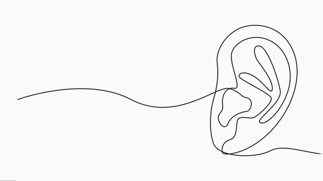 self drawing Human ear continuous one line art drawing, abstract, ear outline, minimalist, vector animation video on White background.