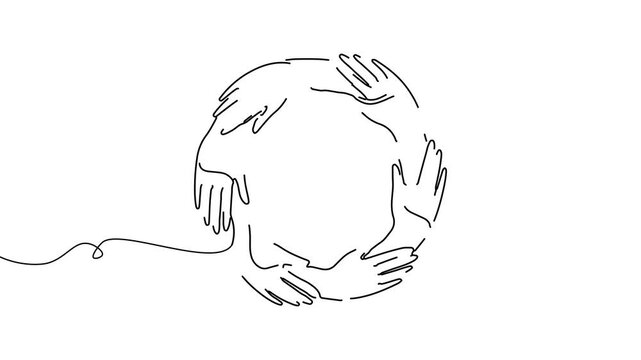 Animation of line drawing of joined hands forming a circle symbolizing global solidarity.