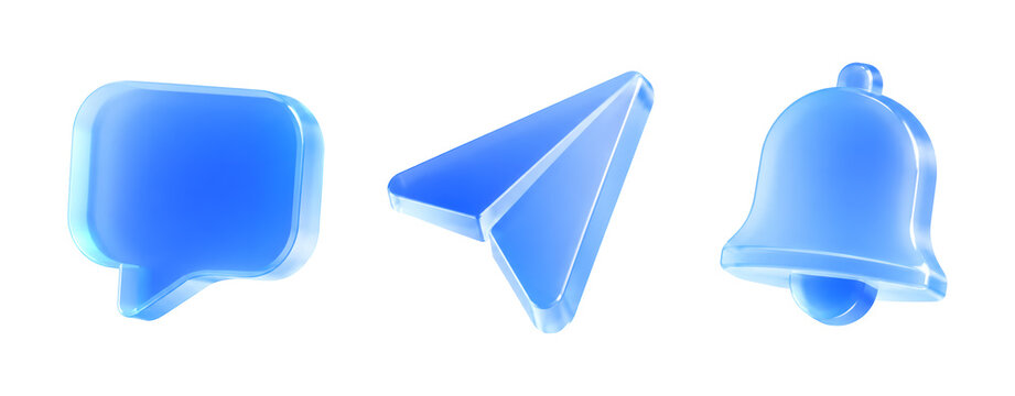 3D Translucent Blue Social Media Communication Icon Set with Speech Bubble, Paper Plane, and Notification Bell Isolated on White Background. Digital Marketing and Messaging Concept.