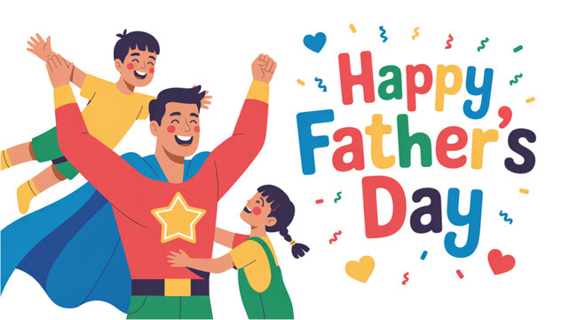 Happy father and child superhero flying with cape for father's day celebration Vector