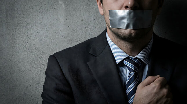 Business professional muzzled by duct tape symbolizing censorship and freedom of speech suppression