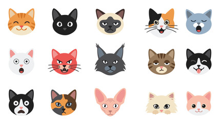 Fototapeta premium Cute Cat Breeds Face Collection, Flat Vector Kitten Expressions Set, Pet Cat Avatars