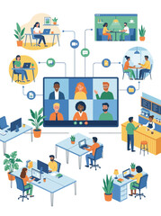 Naklejka premium Conceptual illustration of modern work, showing hybrid teams collaborating remotely and in office, connected by video calls for efficient communication and interconnectedness