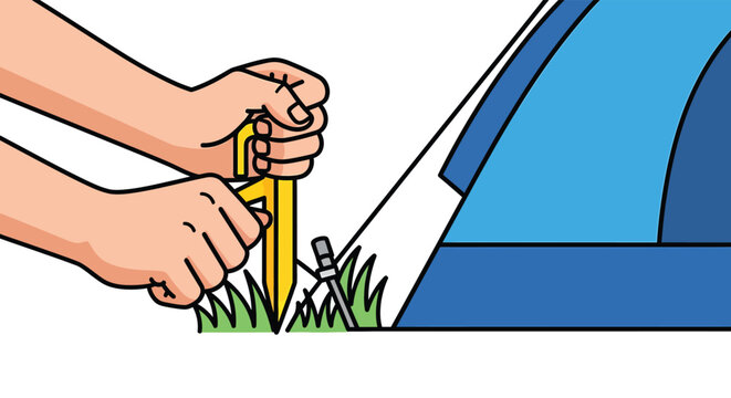 Person Using Human Hands To Push A Yellow Camping Stake Into The Green Grass To Properly Secure A Blue Tent During An Outdoor Recreational Trip While Preparing For The Upcoming Summer Vacation