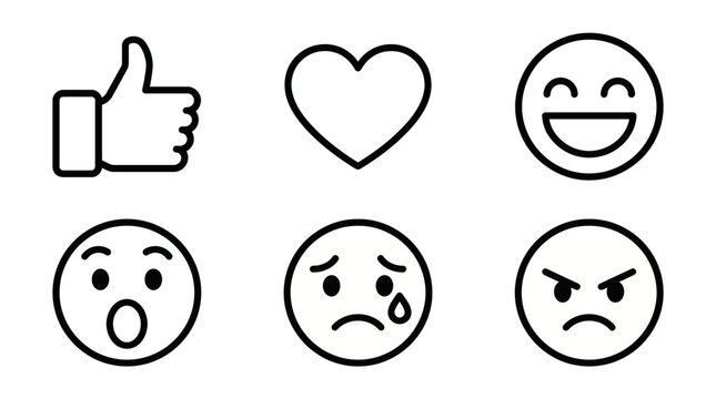 Versatile set of popular outline icons representing various social media reactions and human emotions for digital communication and user feedback