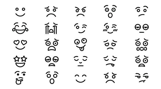 Collection of various cartoon emoji faces expressing a wide range of emotions and reactions, presented in a simple line art style
