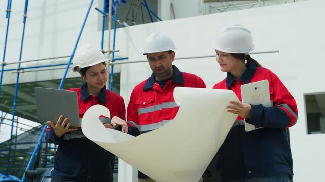 Construction team planning engineer worker reviewing blueprint laptop tablet hardhat safety at building site industrial site for SEO search optimization