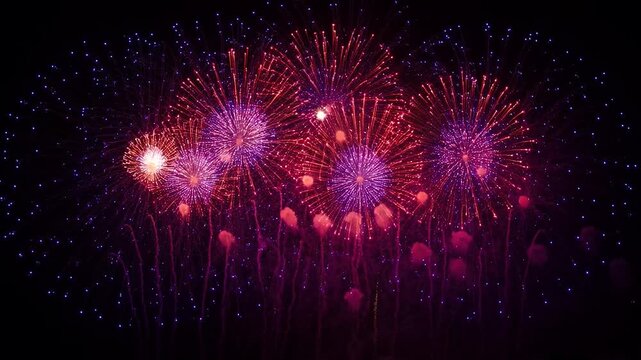 Spectacular colorful fireworks exploding during a grand finale celebration lighting up the dark night sky with multiple bursts
