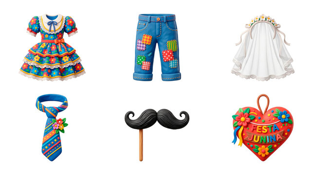 Festa Junina Clay Art Elements Including Dress Tie Pants Moustache and Heart Decoration PNG Isolated on transparent background
