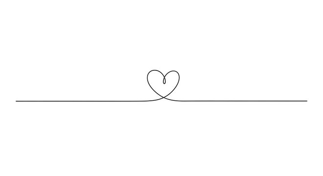 Minimalist continuous one line drawing of a heart shape centered on a thin horizontal line symbolizing love and romance for web design and greeting cards with minimalist continuous valentine