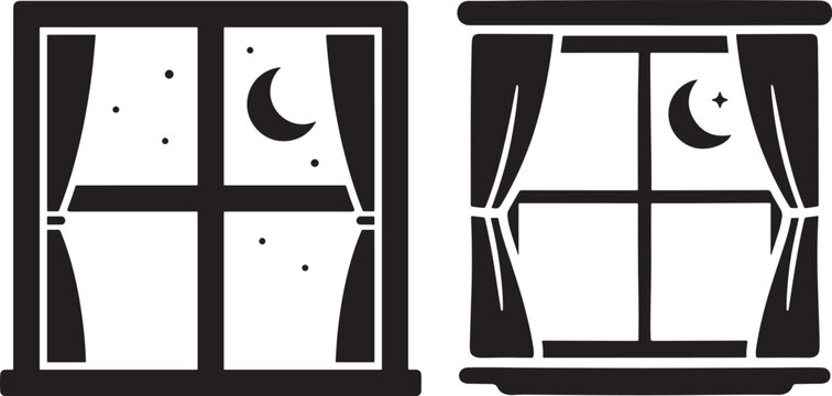 Night window with moon and stars curtains interior crescent silhouette illustration