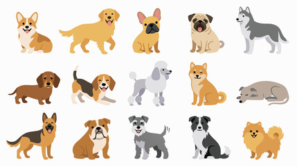 Fototapeta premium Cute Dog Breeds Collection, Flat Vector Cartoon Dogs Set, Pet Animals Illustrations
