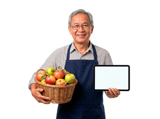 Fototapeta premium Smiling elderly Asian man holding a basket of fresh apples and a tablet computer PNG Isolated on transparent background