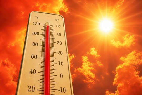 Thermometer showing high temperature with a scorching sun and fiery sky.