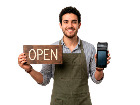 Smiling man holding an open sign and a payment terminal ready for business PNG Isolated on transparent background