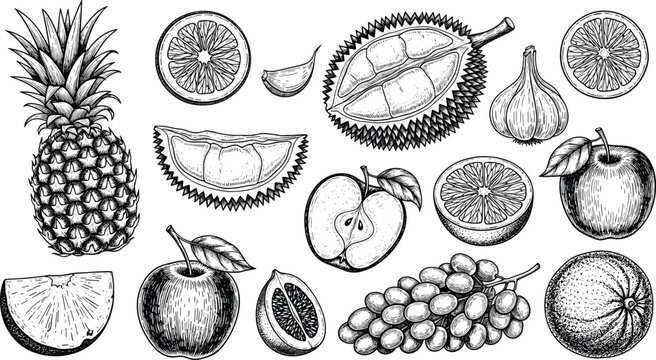 Vintage tropical fruit engraving vector set. Pineapple, durian, apple, grape, orange, melon, lime, lemon, fig, and passionfruit monochrome healthy organic food sketch collection.
