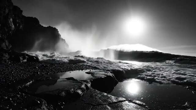 Dramatic monochrome view of ocean waves crashing against rocky shoreline with the sun reflecting in tidal pools.