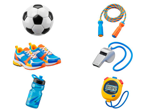 Collection of sports equipment including a soccer ball, running shoes, jump rope, whistle, water bottle, and stopwatch PNG Isolated on transparent background