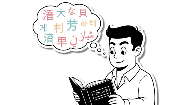 Man Reading Book with Foreign Language Characters in Thought Bubble